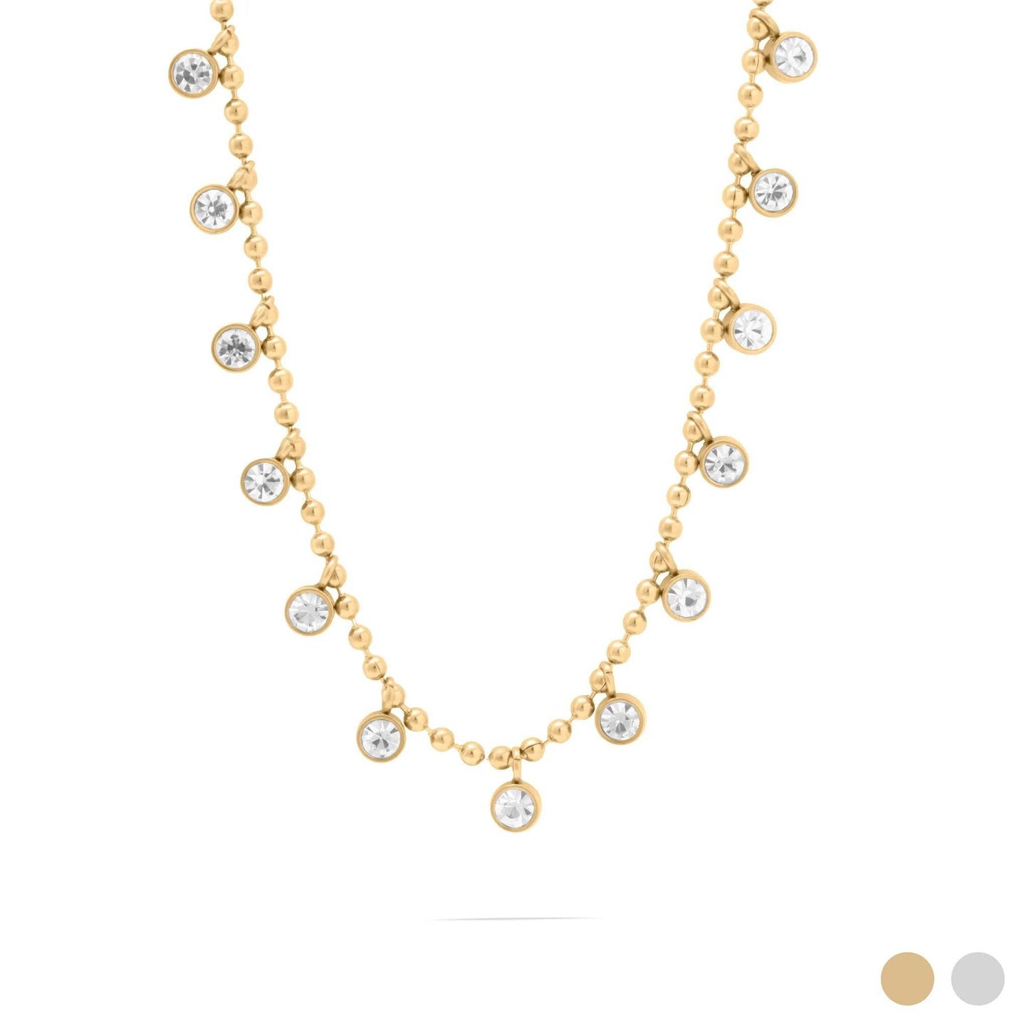 18K Gold PVD Stainless Steal Round Stone Dangle Necklace: Gold