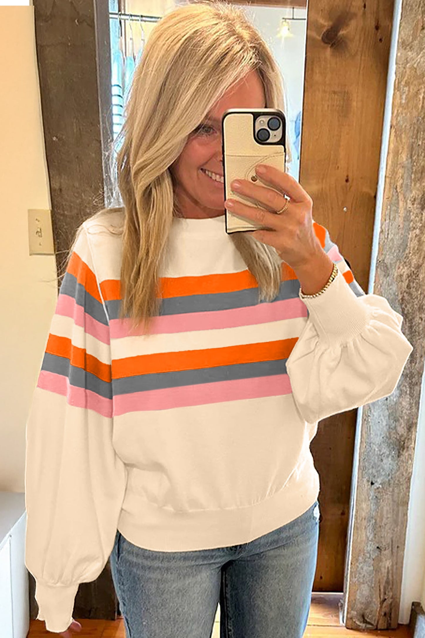 Stripe Puff Sleeve Pullover Sweatshirt