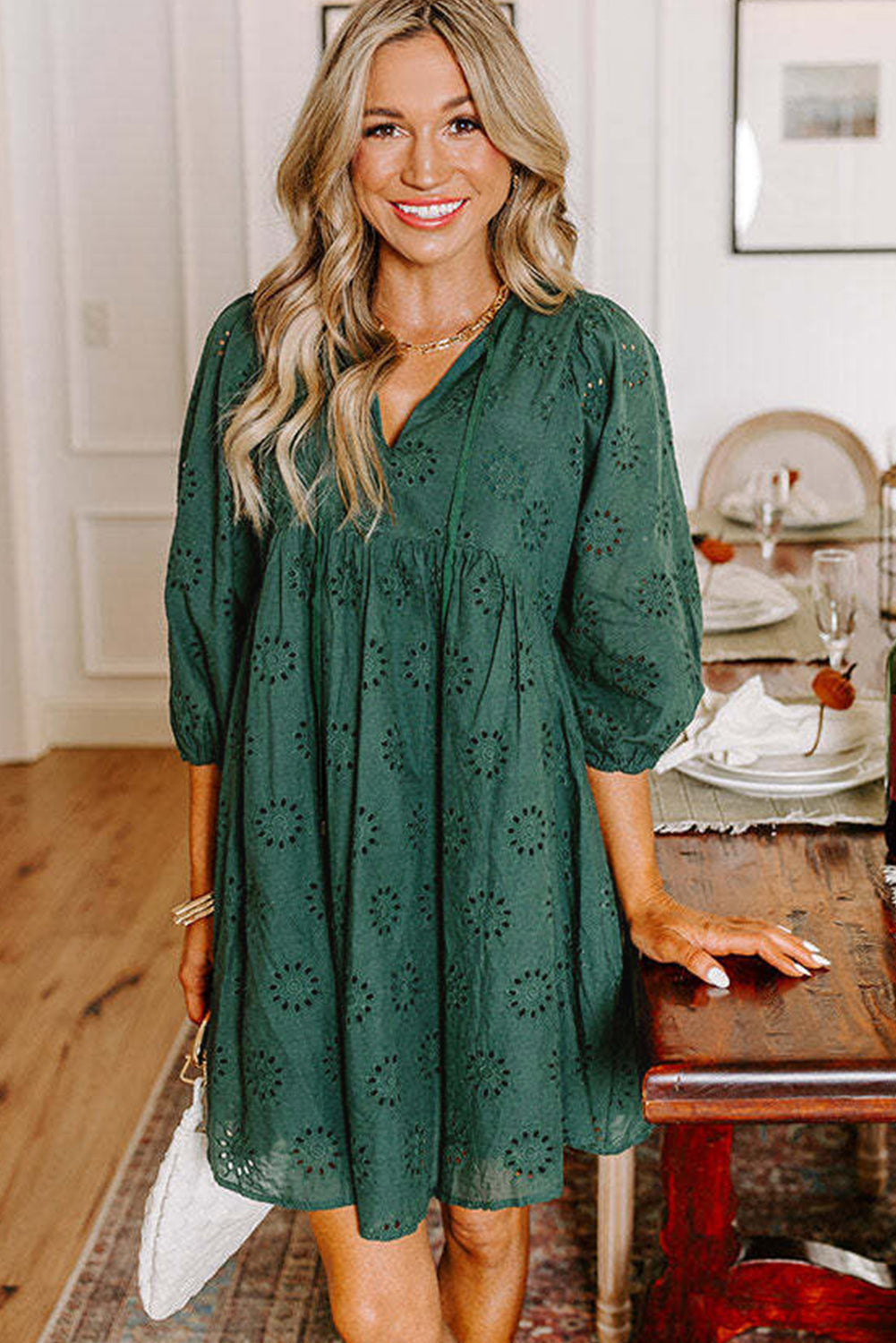 Blackish Green Embroidered Eyelet Pattern Puff Sleeve Mini Dress