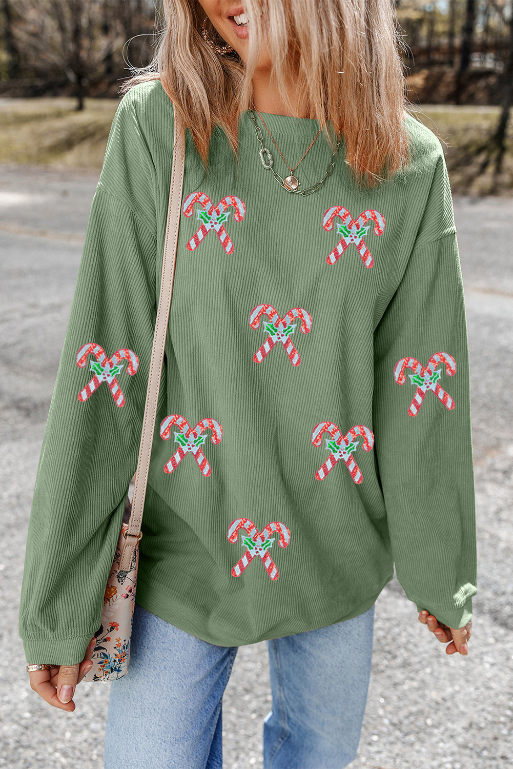 Grass Green Candy Cane Patch Application Corded Baggy Sweatshirt