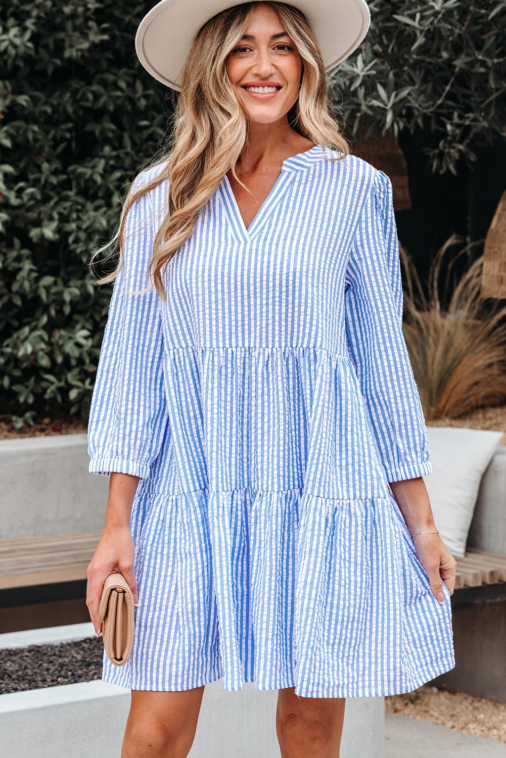 Kaia Stripe Bracelet Sleeve Tiered Dress with Pockets