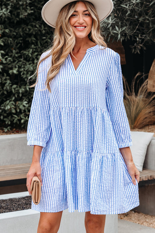 Kaia Stripe Bracelet Sleeve Tiered Dress with Pockets