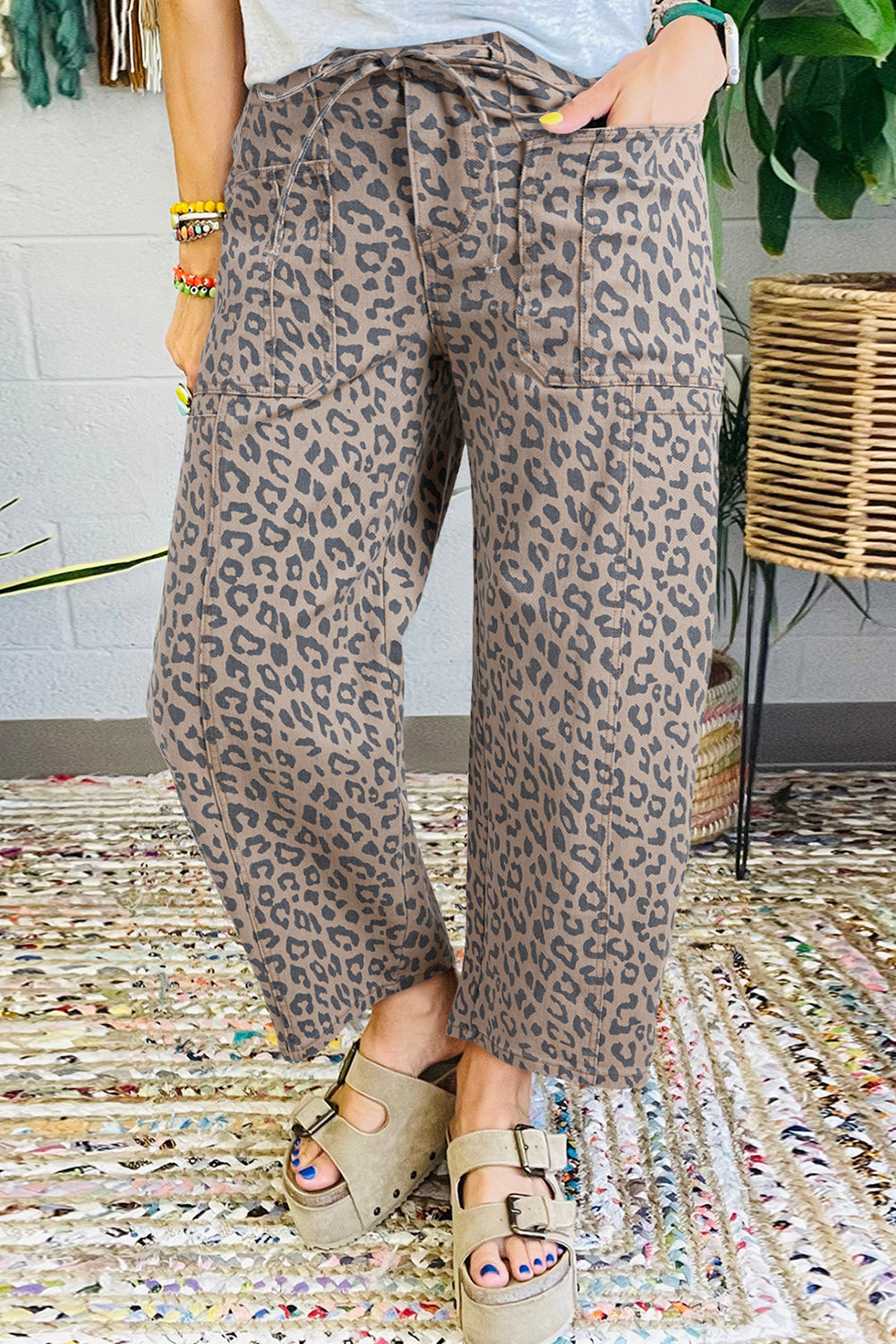 Blue Leopard Print Drawstring Waist Pocketed Wide Leg Jeans