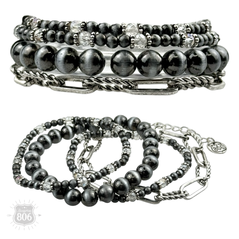 Western burnished pearl bead and chain bracelet set