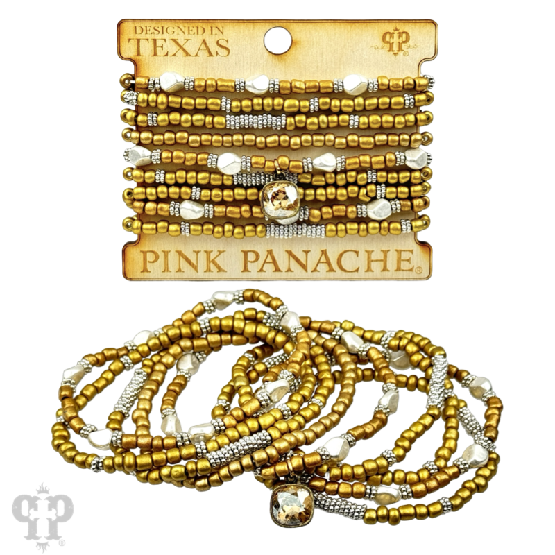 Gold, silver and white pony bead stacked bracelet