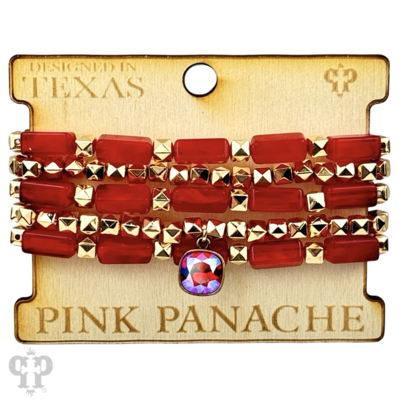 Red square tube acrylic bead stacked bracelet