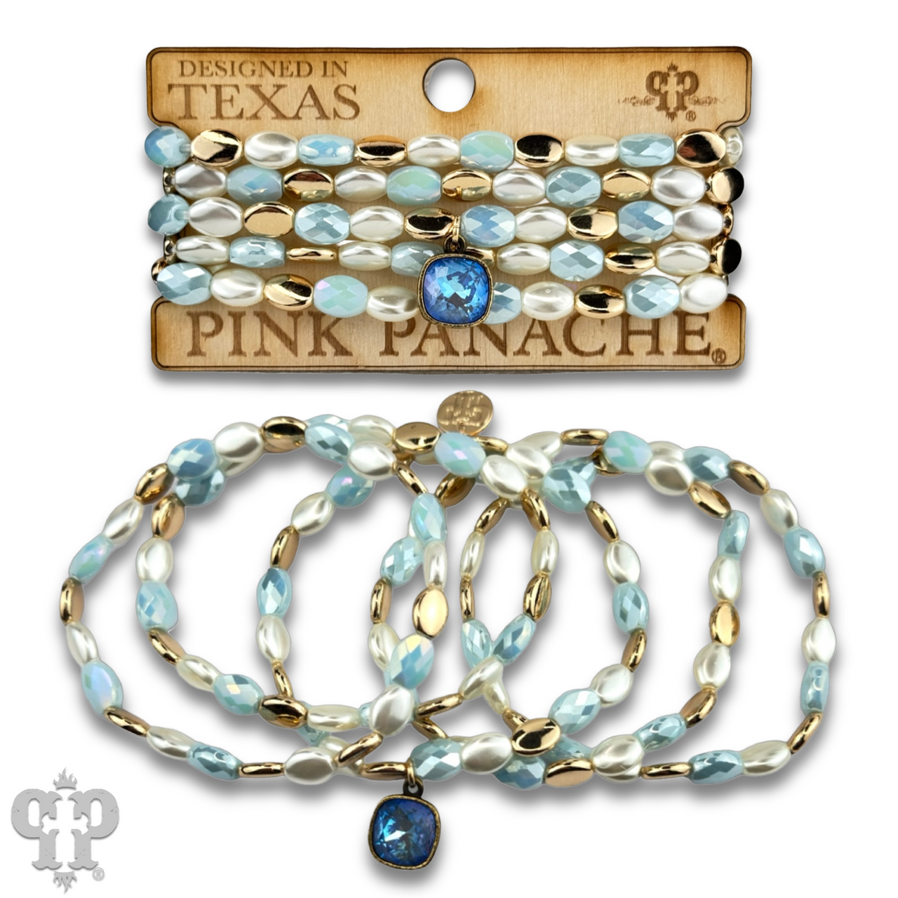 Glass and acrylic oval bead bracelet set with Austrian crystal charm