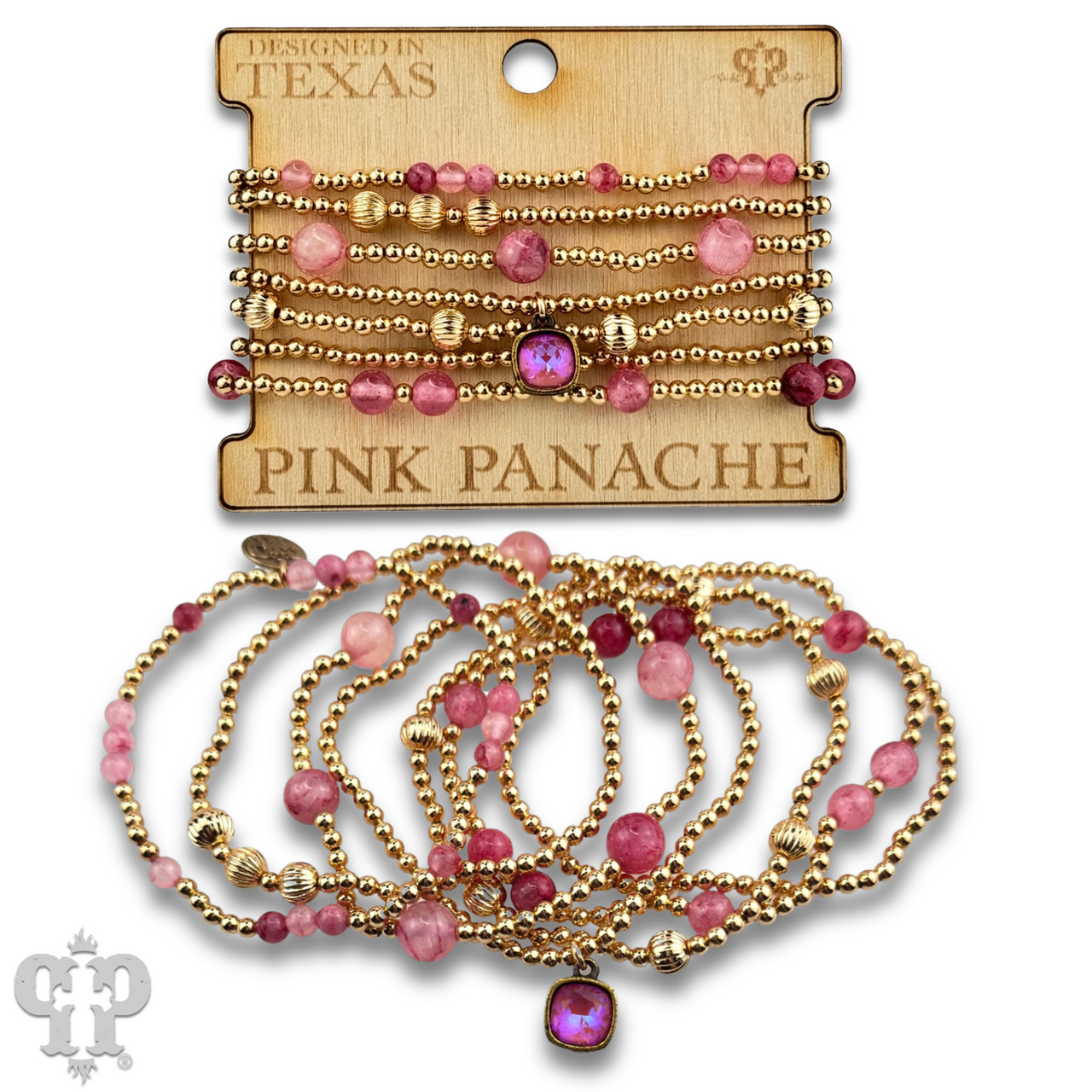 Gold and pink bead bracelet with Austrian crystal