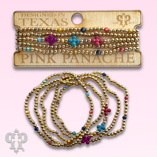 Multi-color cross and gold bead bracelet
