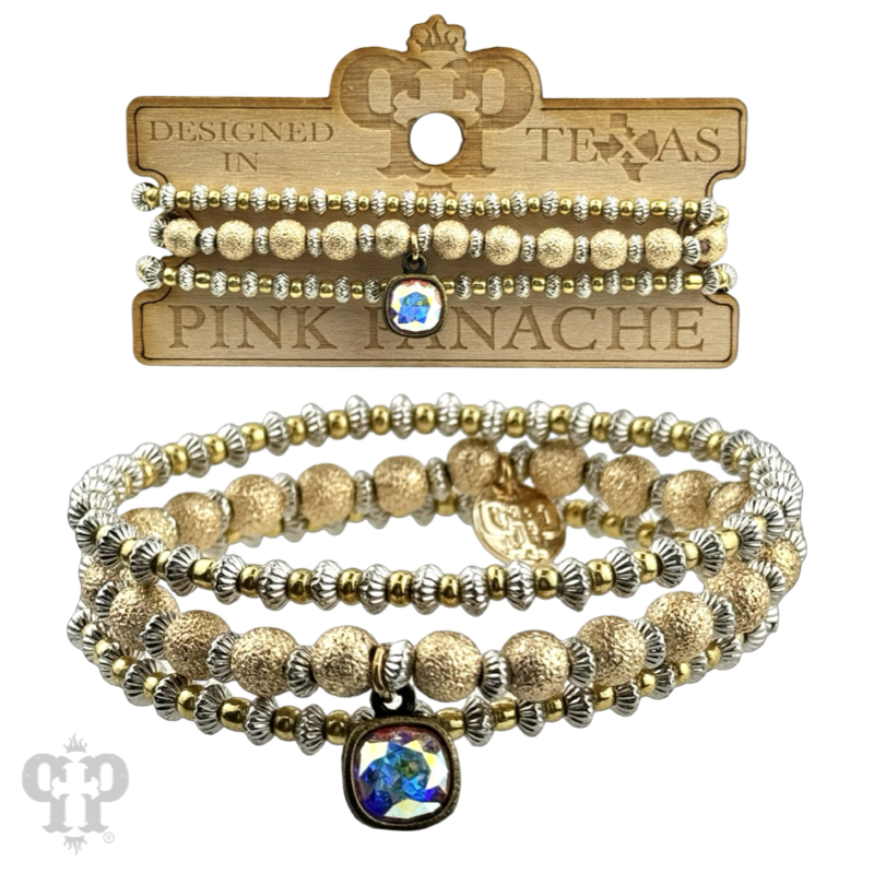 Foil texture bead stacked bracelet with Austrian crystal