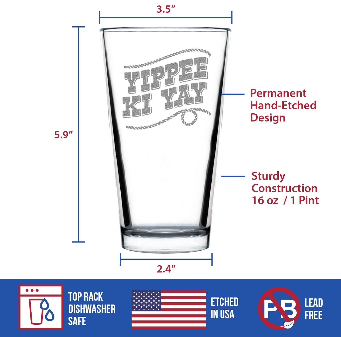 Yippee Ki Yay Engraved Pint Glass Gifts Country Western Home Decor High Quality Pint Glasses for Beer - 16oz