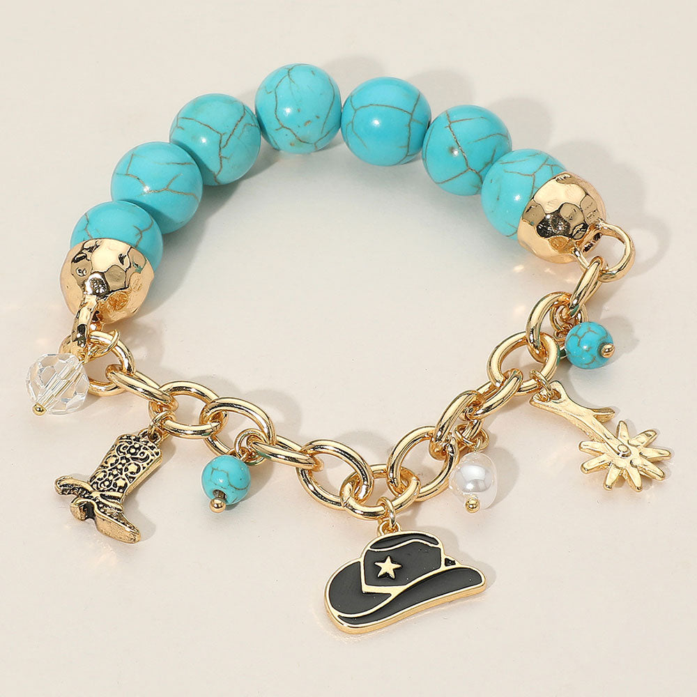 SECRET BOX Western Cowboy Hat Boot Flower Pearl Charm Beaded Stretch Bracelet