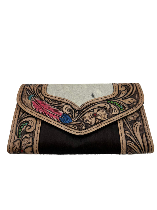 Tooled Leather Feather Detail Hair On Hide Wallet