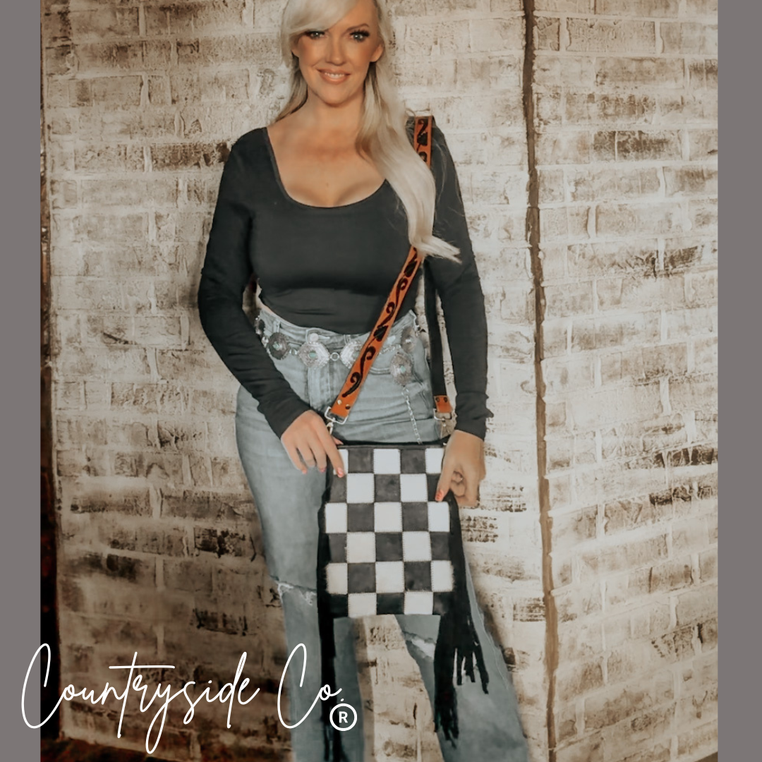 Stockyard Checkered Cowhide Fringe Purse