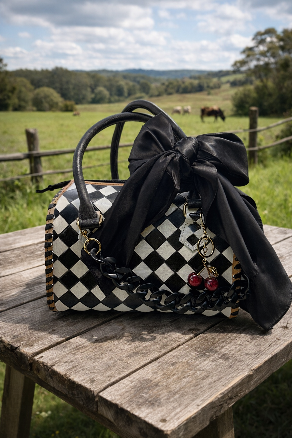 Black Cherry Checkered Speedy Bag -Genuine Leather