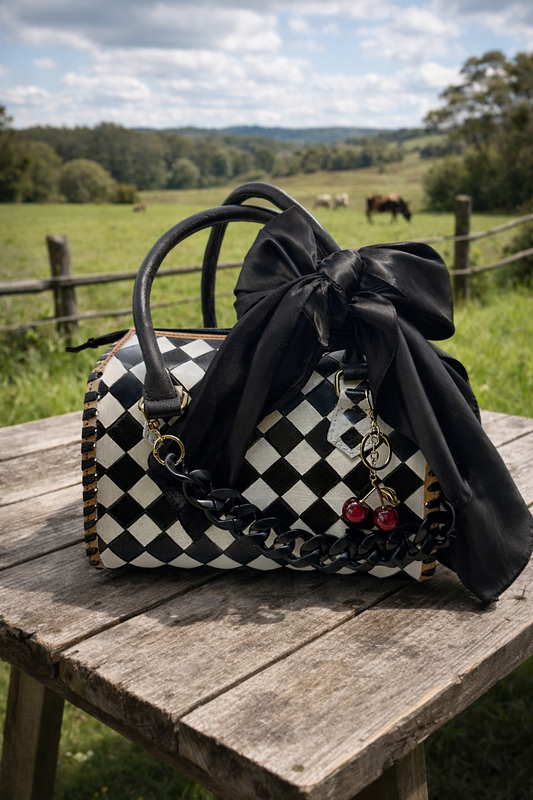 Black Cherry Checkered Speedy Bag -Genuine Leather