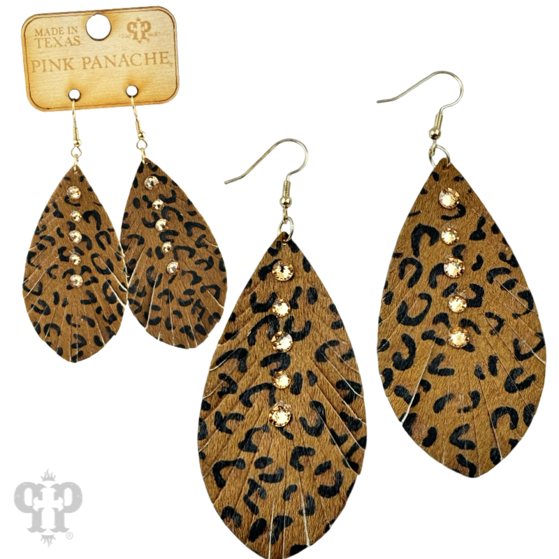 Leather animal print teardrop earring, Austrian crystals