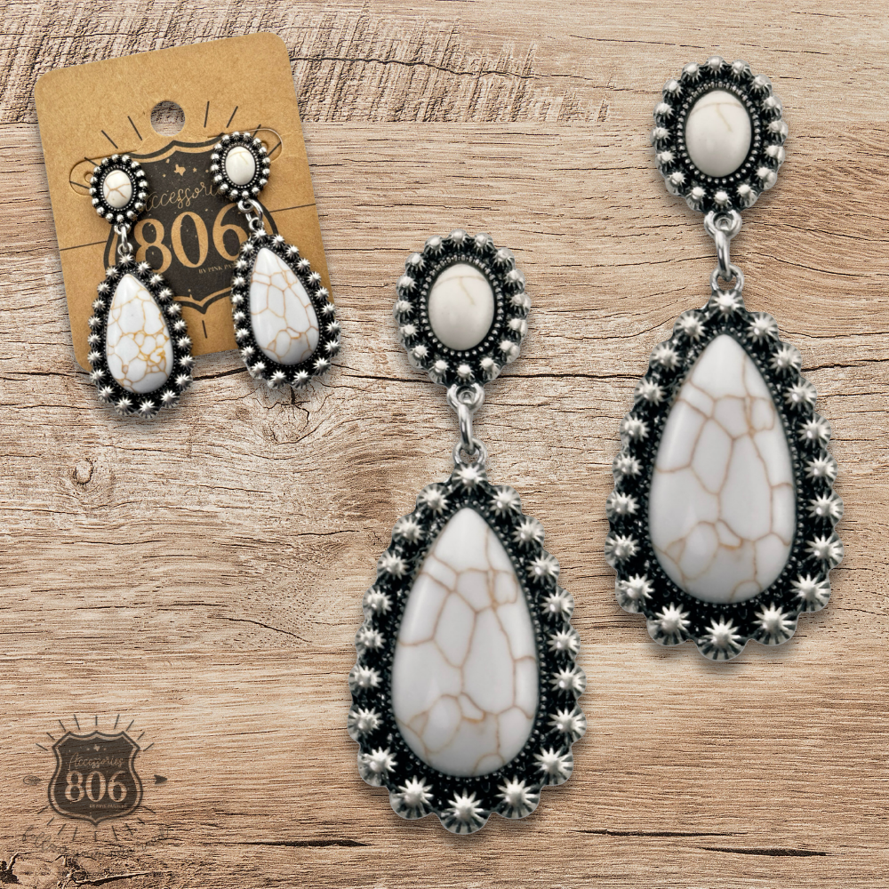Stone teardrop in silver setting earring
