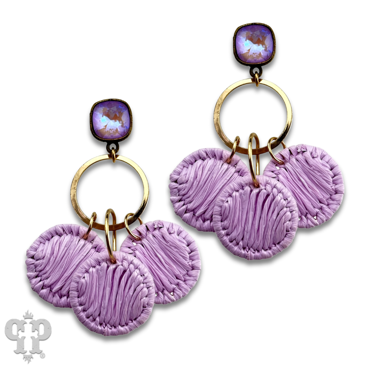 Raffia disc circle earring with Austrian crystal