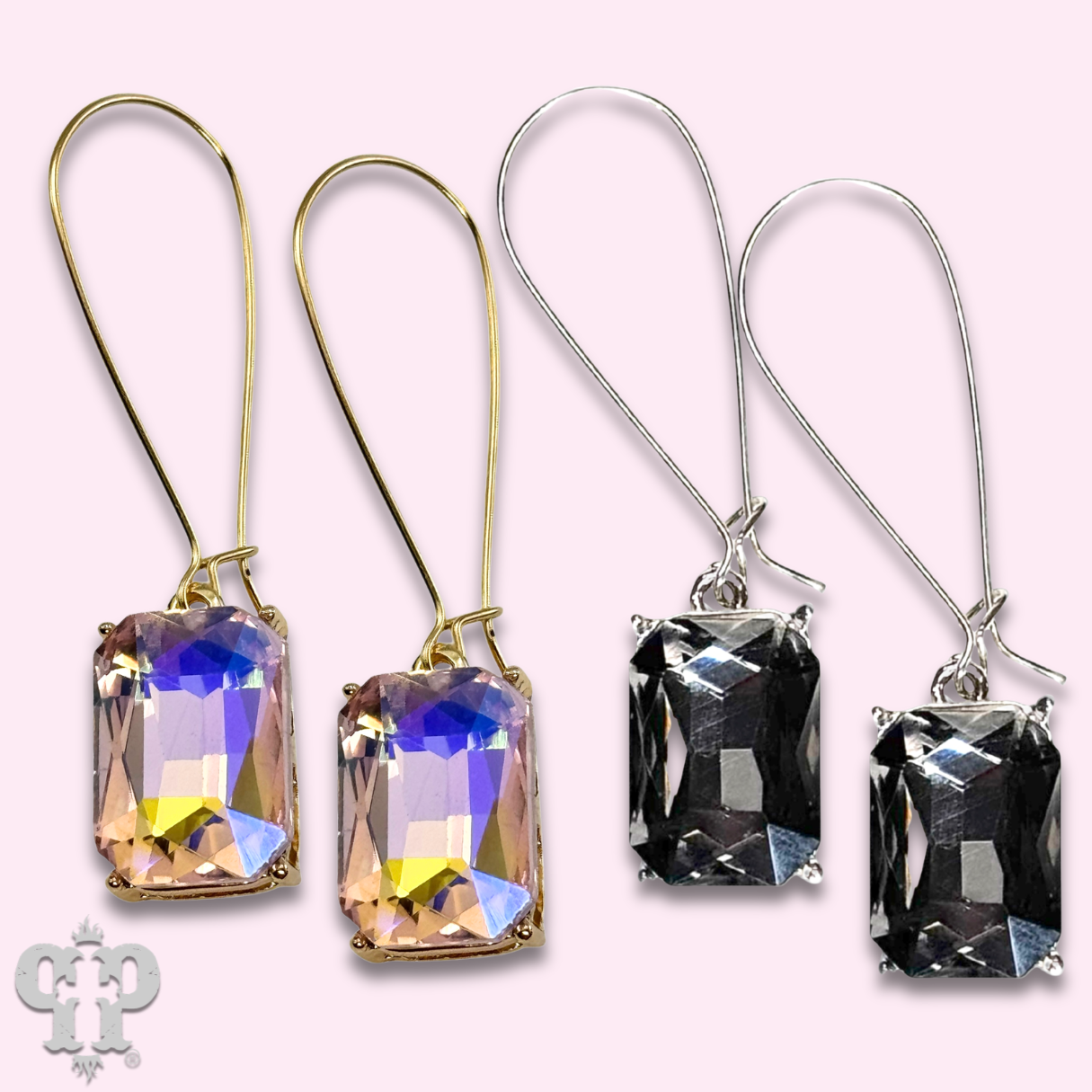 Rectangle rhinestone on kidney wire earring