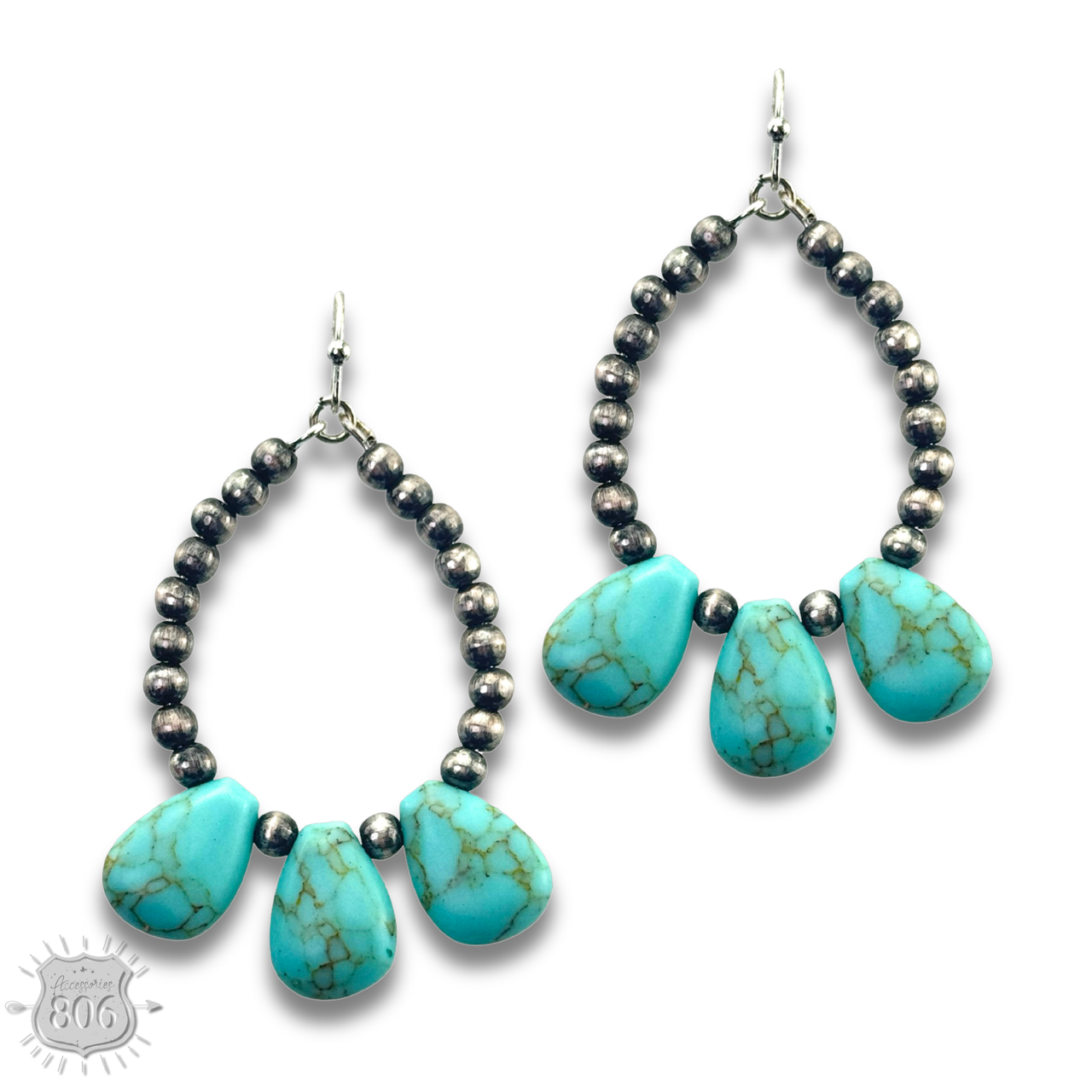 Burnished bead and stone teardrop earring