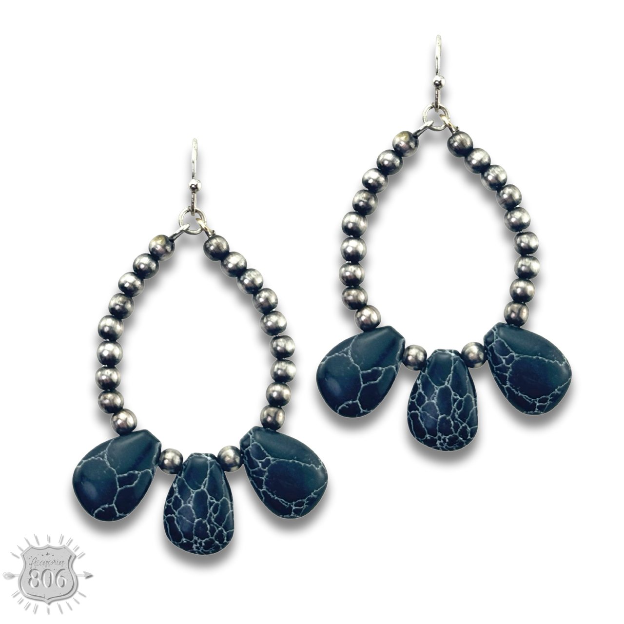Burnished bead and stone teardrop earring
