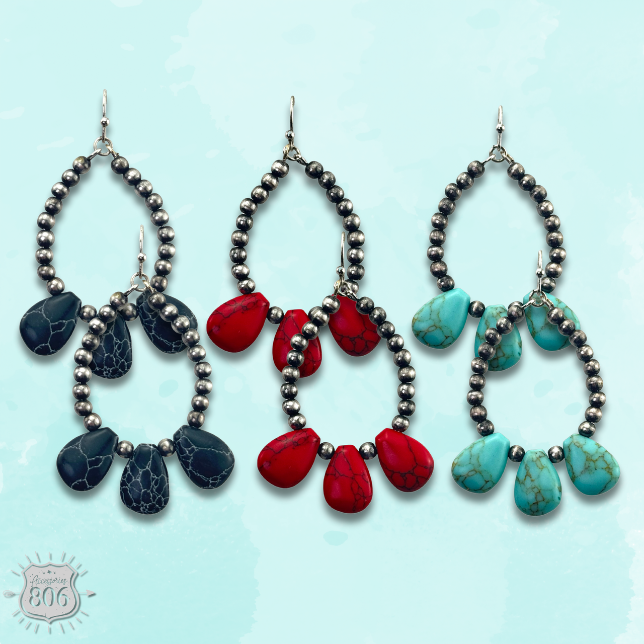 Burnished bead and stone teardrop earring