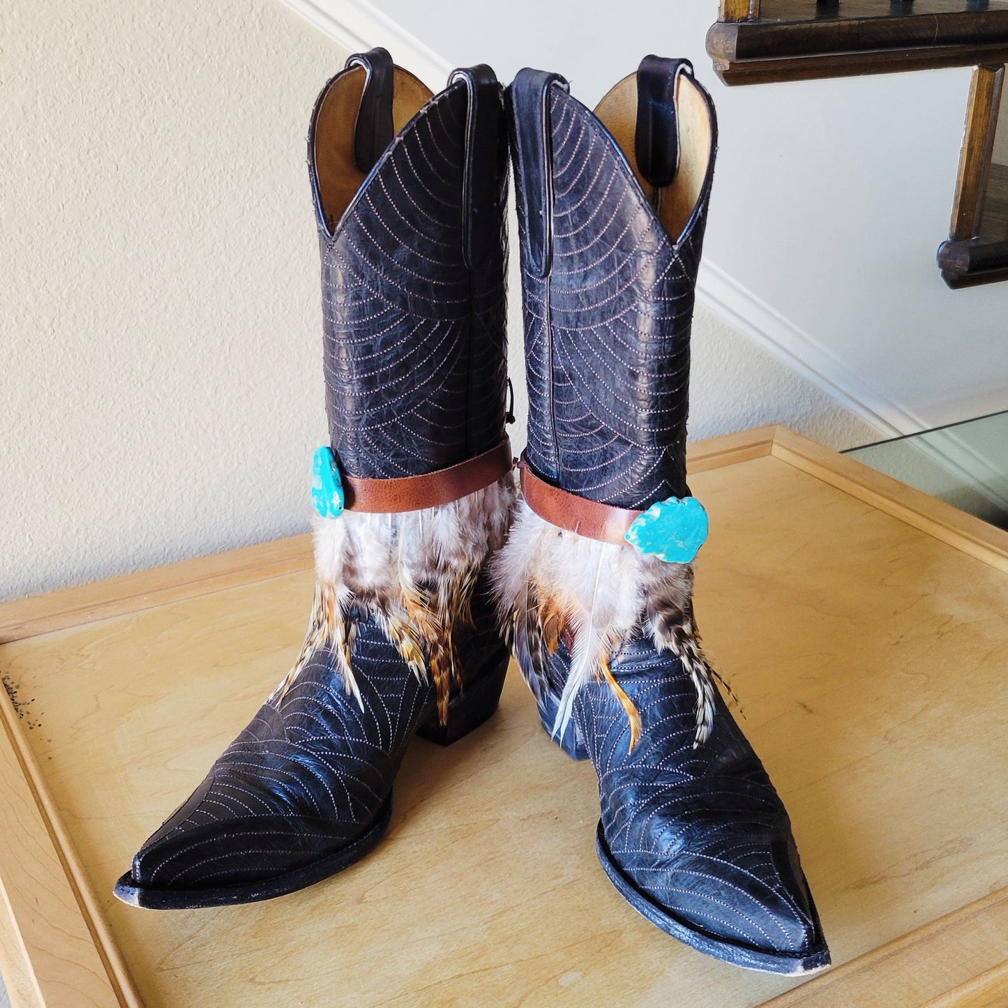 Boho Western Boot Wrap Cuff w/ Feathers & Turquoise 500f