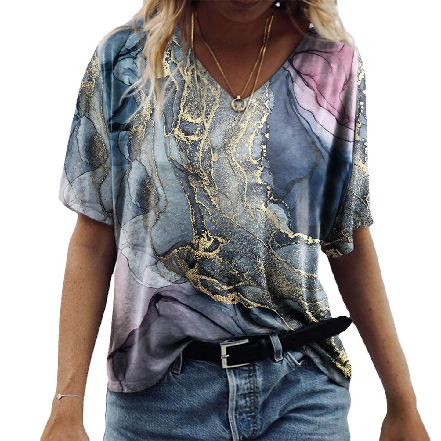 Women's Spring Glitzy V-Neck Short Sleeved Marble Print Top