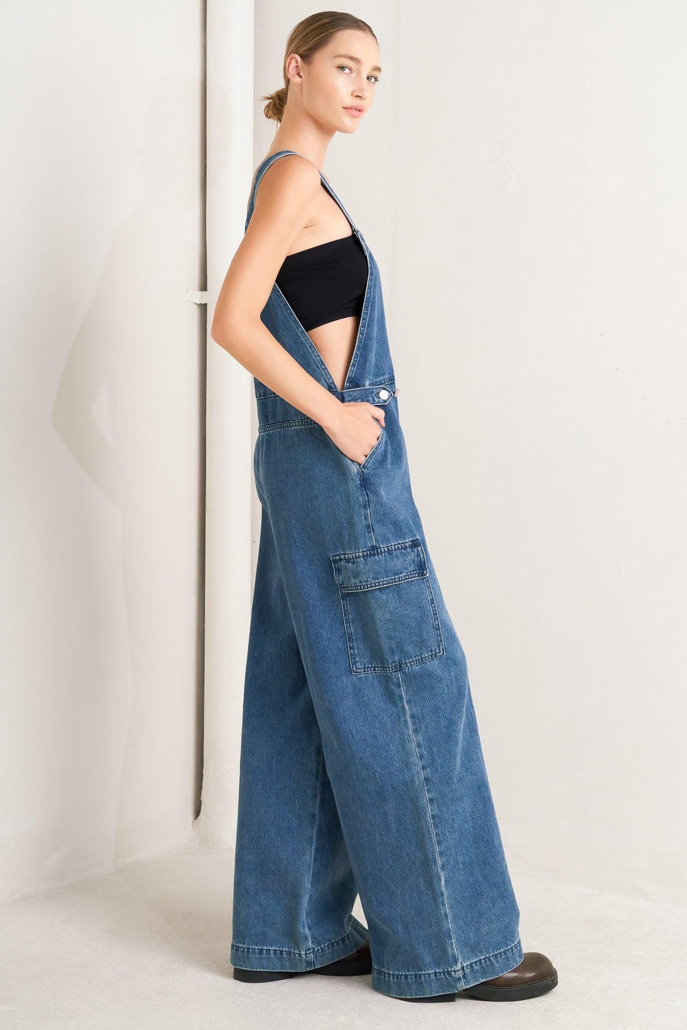 LET ME TALK DENIM CARGO JUMPSUIT