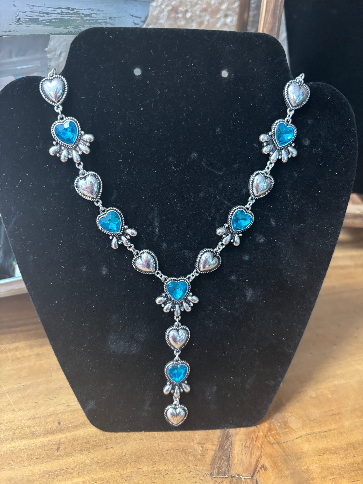 Hearts silver and turquoise crystals