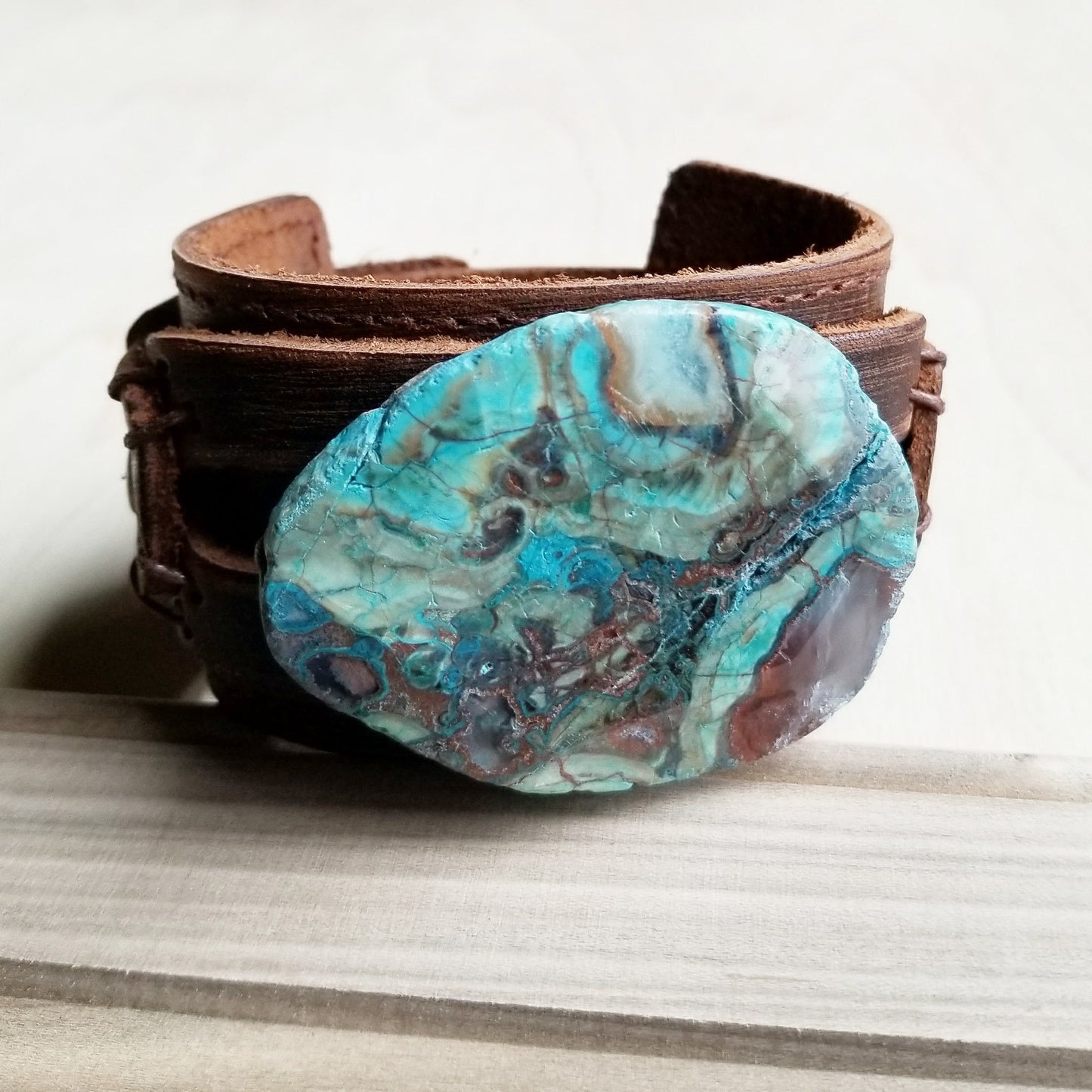 Genuine Leather Wide Cuff Bracelet w/ Ocean Agate Slab 004C