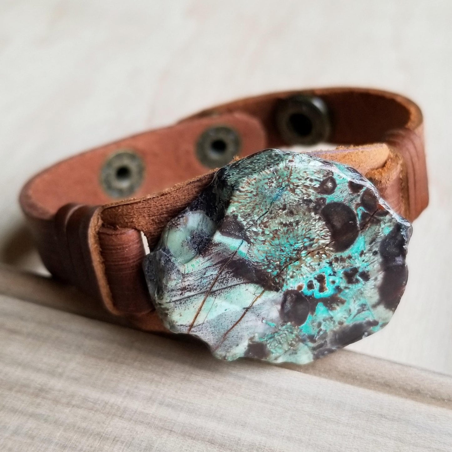 **Ocean Agate Slab on Narrow Leather Cuff 005K