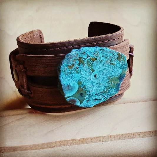 Genuine Leather Wide Cuff Bracelet w/ Ocean Agate Slab 004C