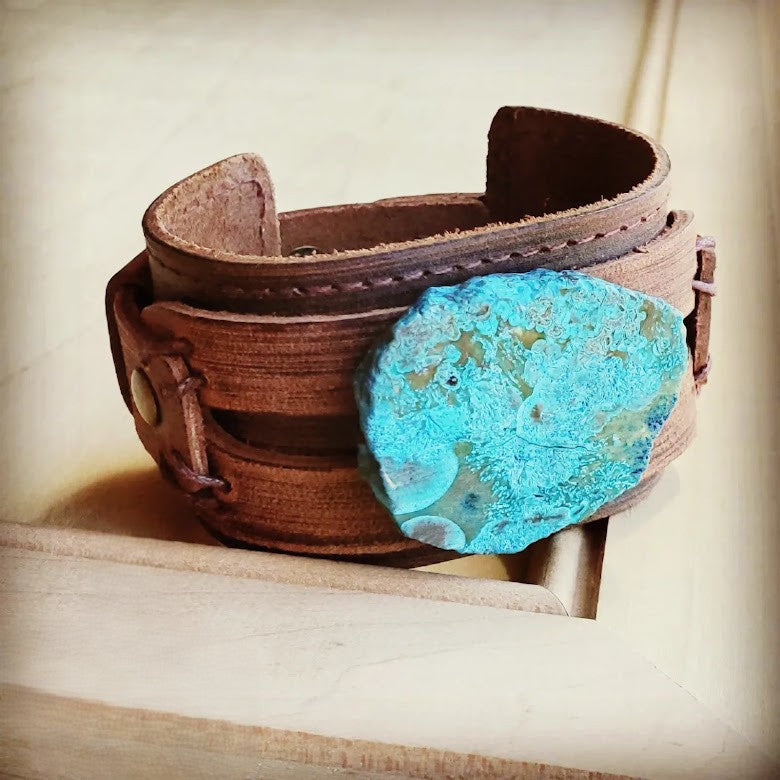 Genuine Leather Wide Cuff Bracelet w/ Ocean Agate Slab 004C