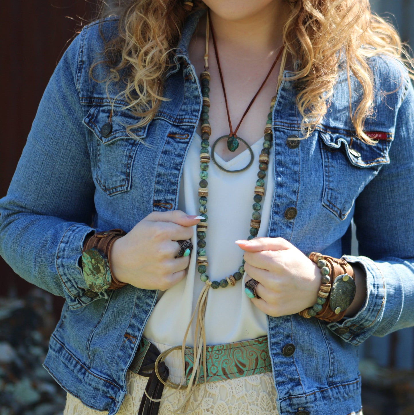 Genuine Leather Wide Cuff Bracelet w/ Ocean Agate Slab 004C