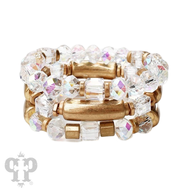Gold tube and crystal beaded bracelet stack