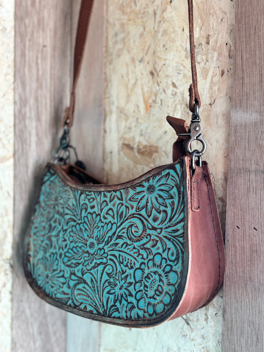 Teal tooled printed leather crossbody