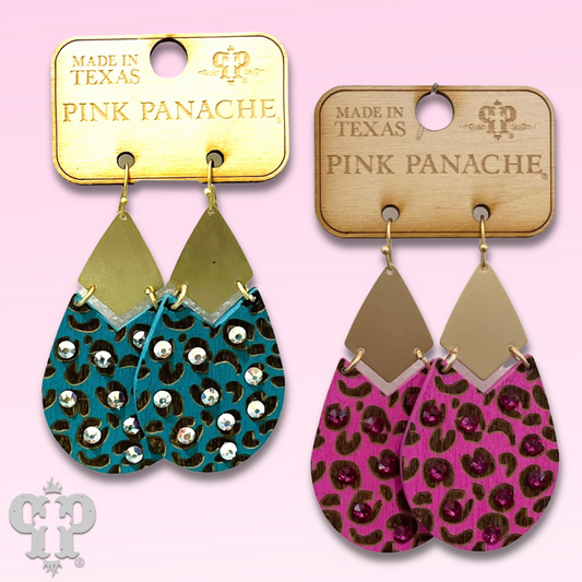 Animal print wood teardrop earring, Austrian crystal