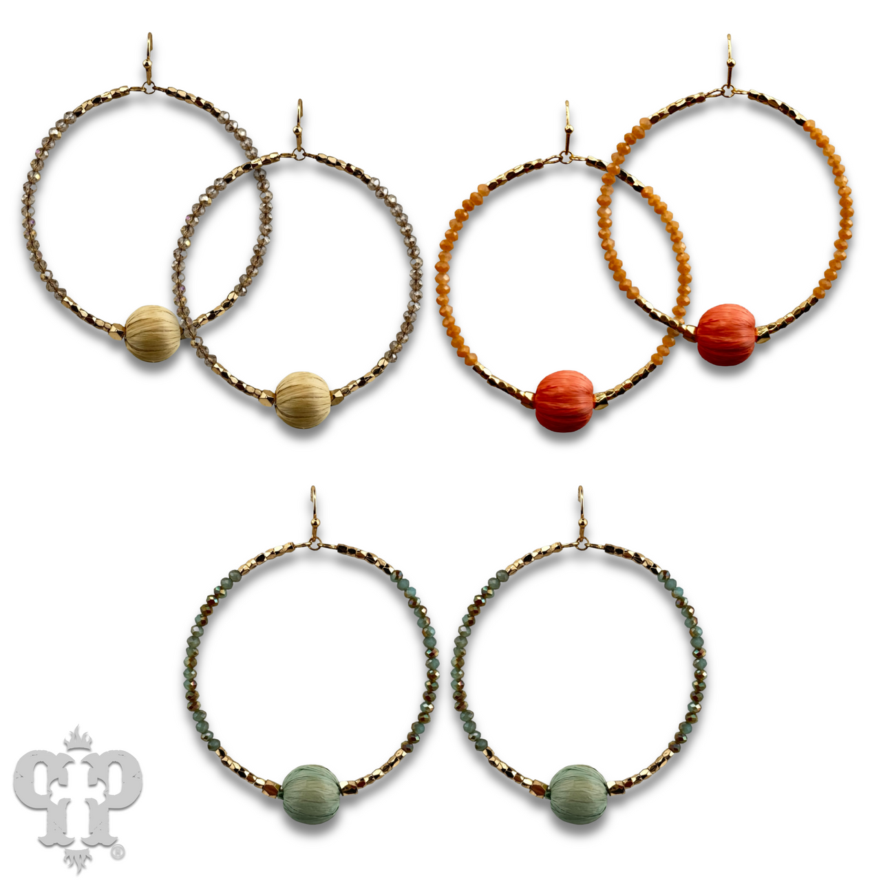 Seed bead circle earring with raffia bead and Austrian crystal