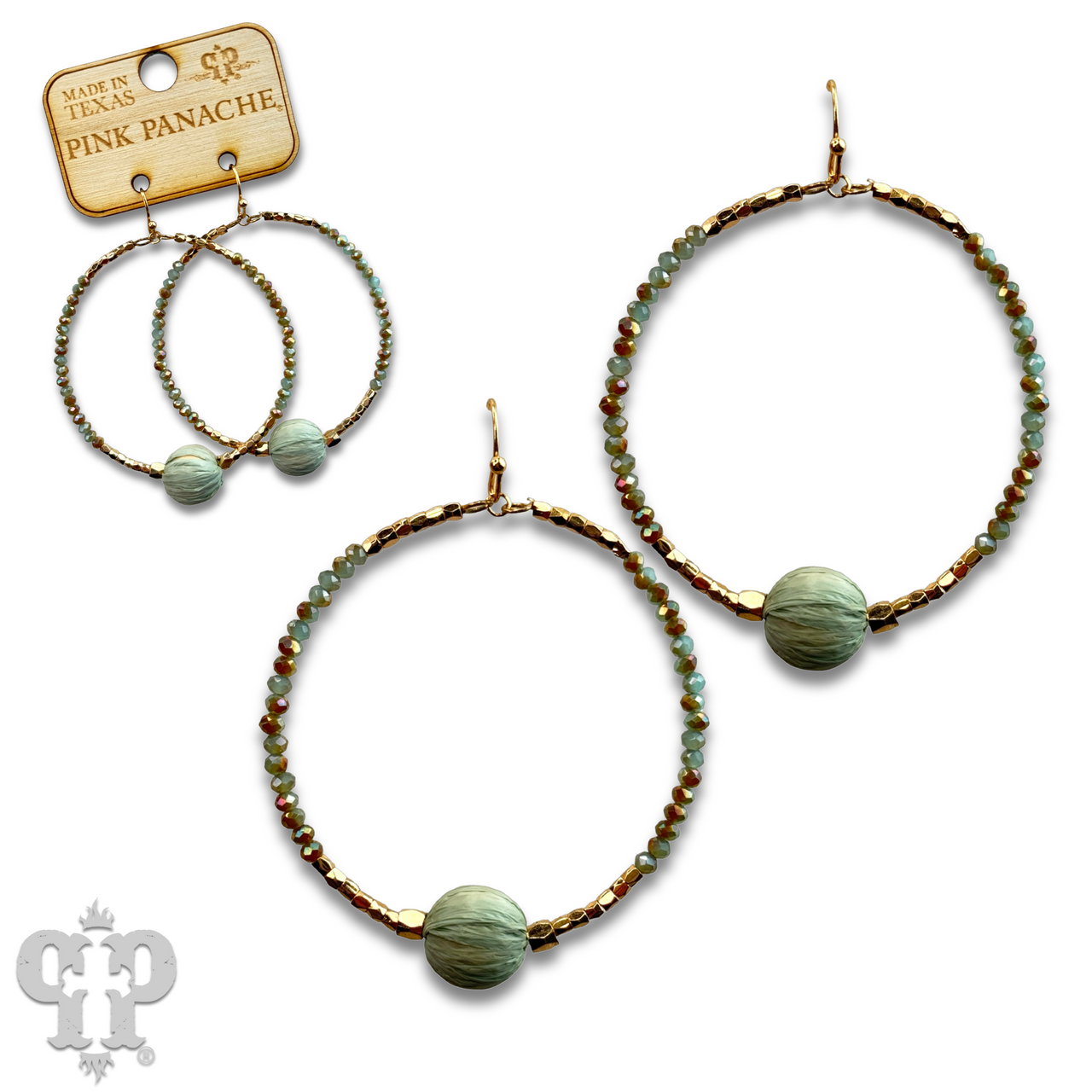Seed bead circle earring with raffia bead and Austrian crystal