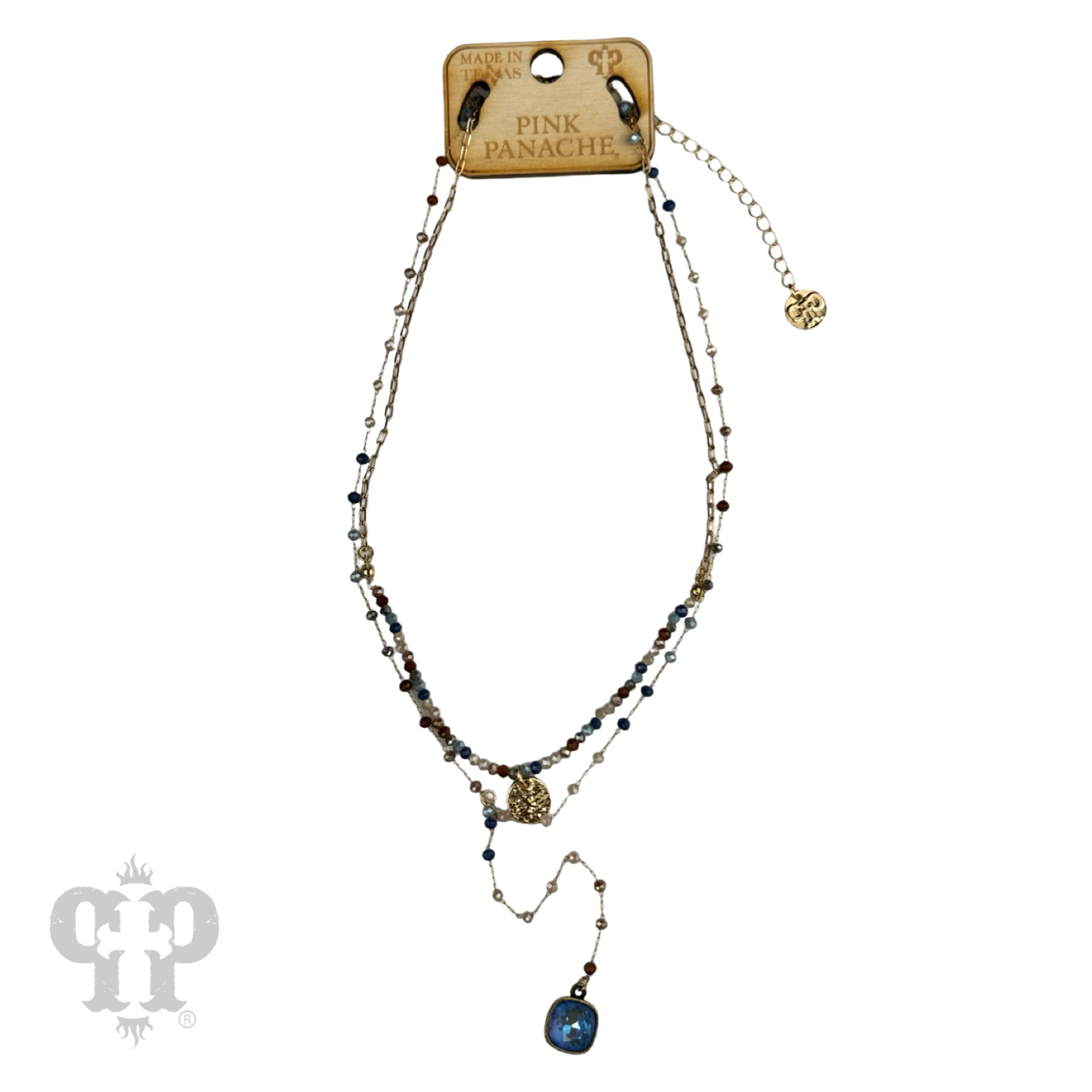 Double strand linked bead necklace with Austrian crystal pendant