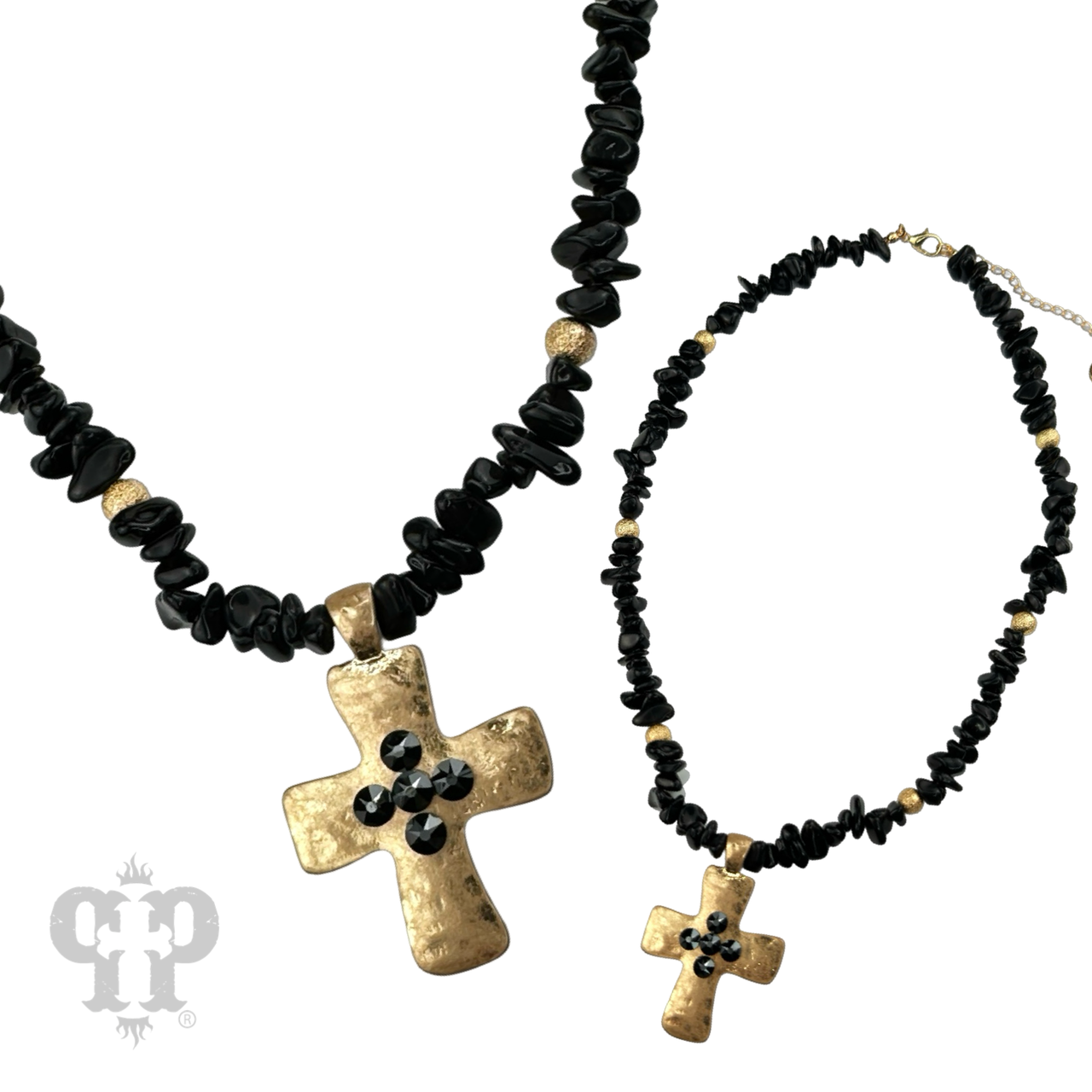 Austrian crystal cross pendant on chip bead necklace