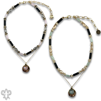Mixed bead necklace with disc charm and Austrian crystal