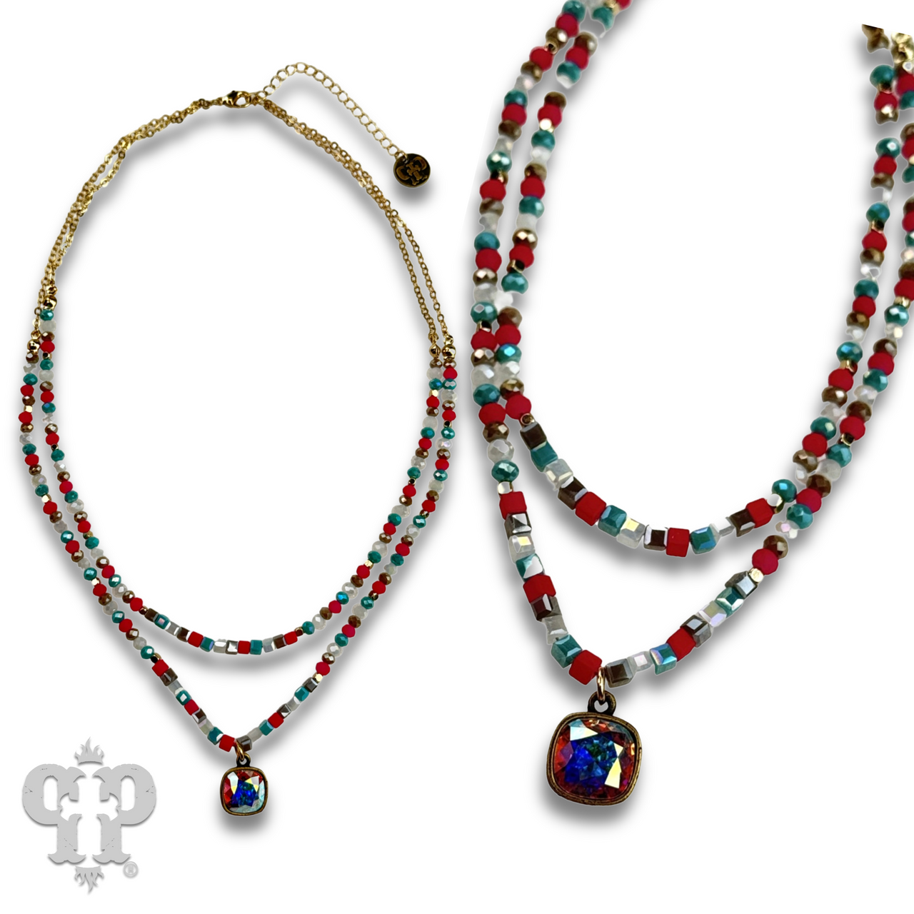 Two strand mixed bead necklace with Austrian crystal