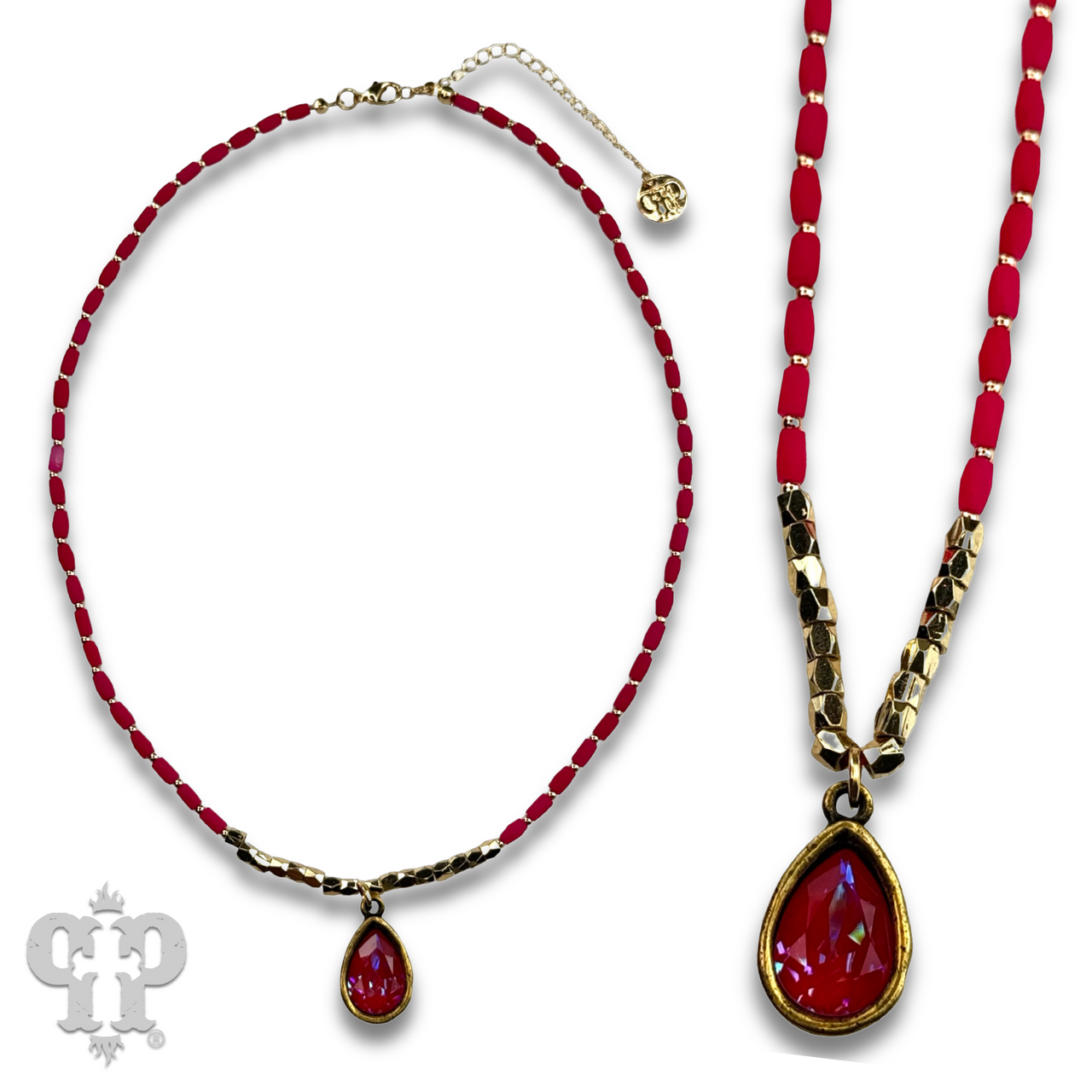 Rice bead necklace with teardrop Austrian crystal
