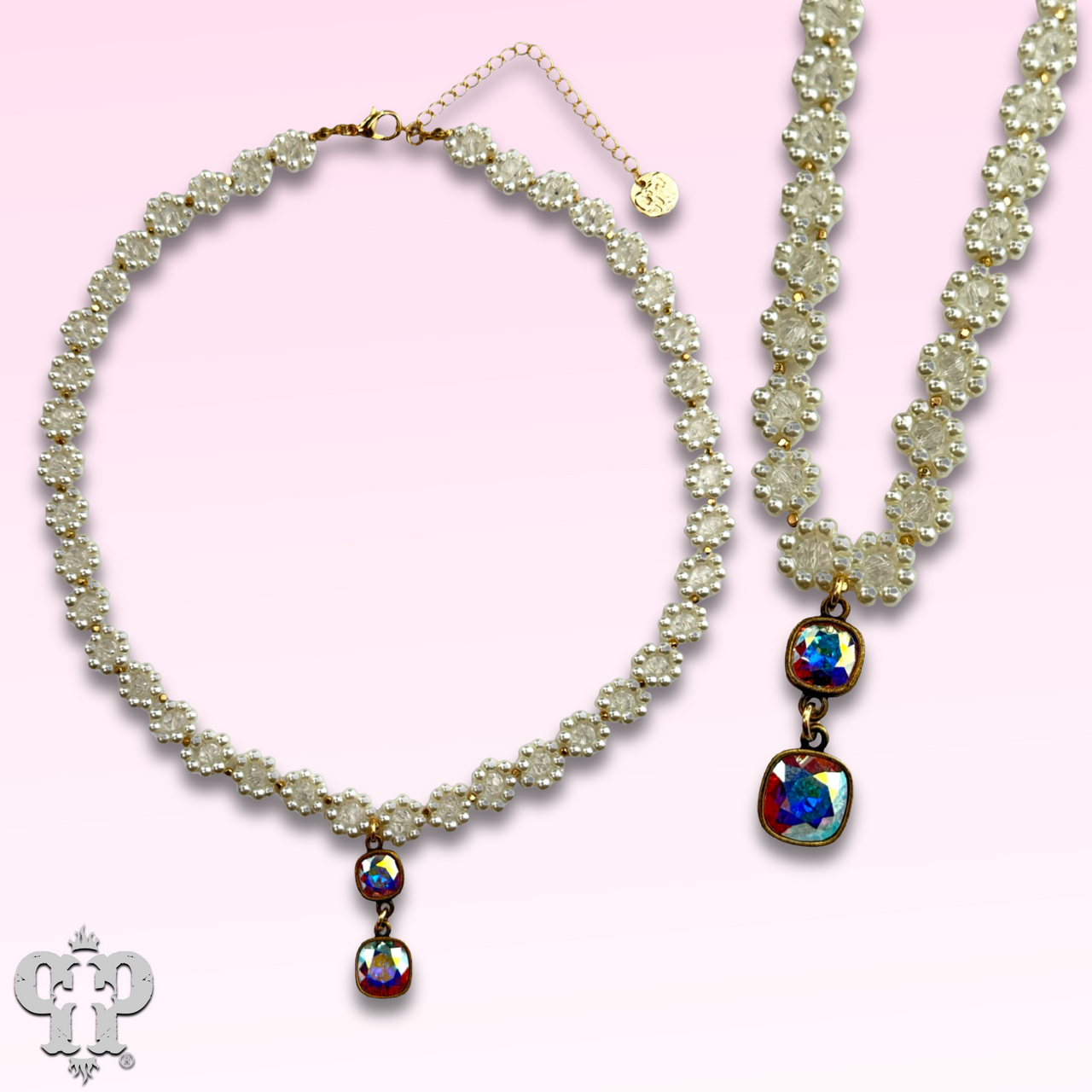 Bead woven flower necklace with Austrian crystal