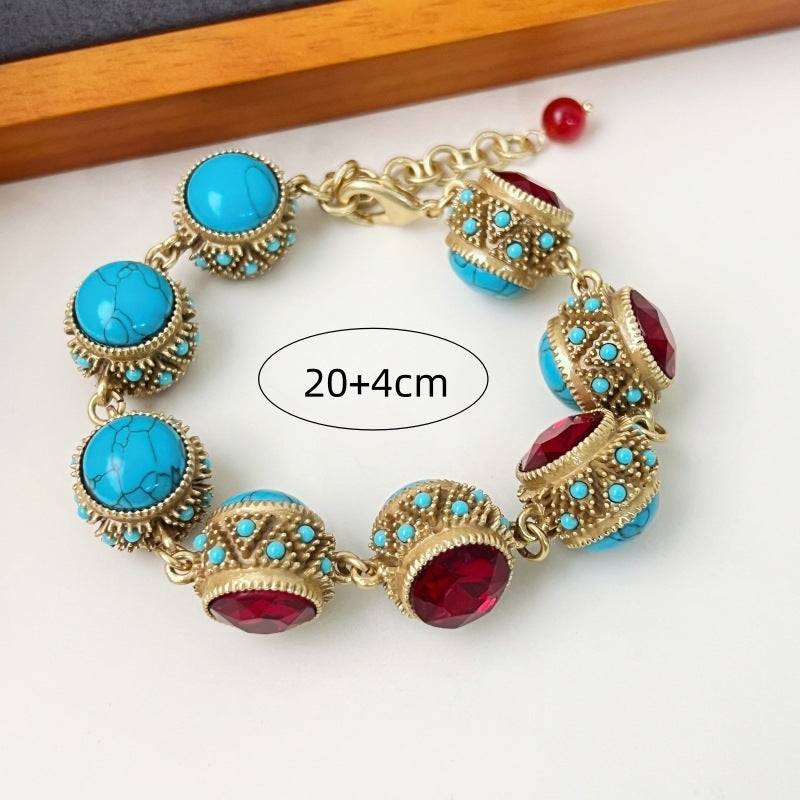 Women's Bohemia Style Turquoise Court Inlaid Ruby Bracelets