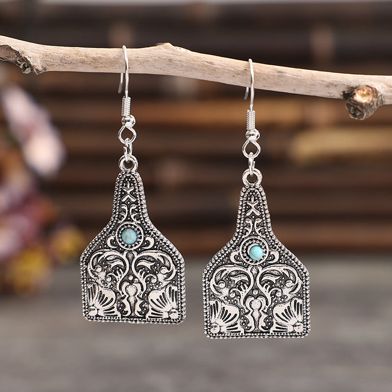 Pretty Wine Bottle Carved Turquoise Ethnic Earrings