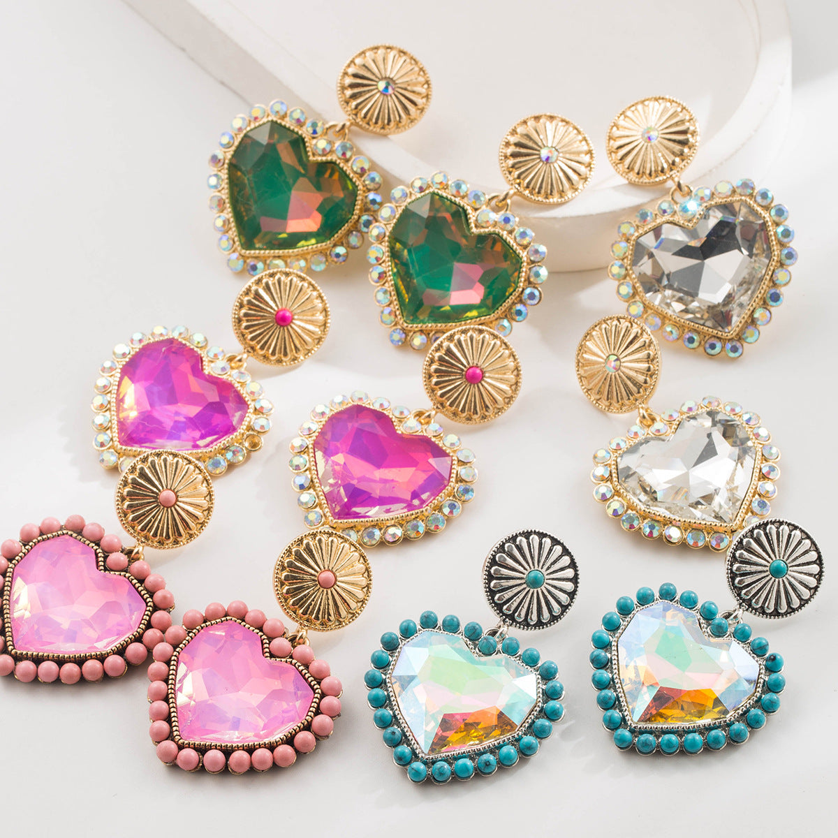 Women's Style Inlaid Glass Drill Turquoise Round Earrings